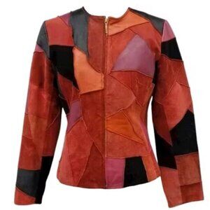 Margaret Godfrey SZ10 Red Patchwork Zip Front Leather Jacket 80's Retro Boho Art